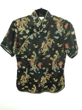Fang You Brocade Dragon Motif Embroidered Mandarin Collar Top 38/M Black/Gold